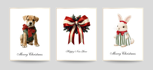 Fototapeta premium Merry Christmas and Happy New Year greeting cards templates. Watercolor vector winter elements -illustrations for posters, banners, backgrounds or greeting cards. 