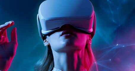 Woman in virtual reality headset exploring a digital world with glowing network connections and vibrant blue and pink light 4k video - Powered by Adobe