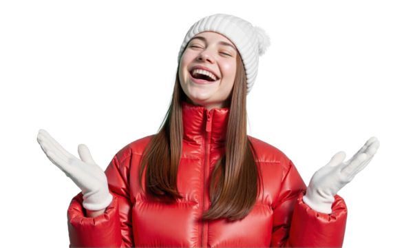 A woman in winter clothing laughs joyfully while enjoying a moment of pure happiness
