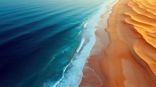 An aerial view of the ocean meeting a sandy beach, with waves crashing against the shore. The image captures the natural beauty of the coast, with a warm sunset - Powered by Adobe