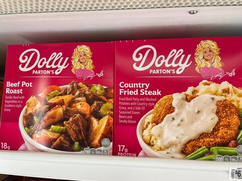 Grocery store Dolly Parton frozen TV dinners country steak