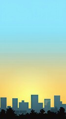 A stylized illustration of a city skyline silhouetted against a gradient sky at sunset. The image features buildings, trees, and a vibrant color palette.