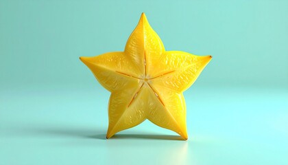 Fototapeta premium A single bright yellow star fruit is centered on a light blue background.