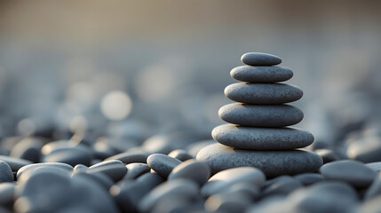 Stack of smooth gray stones balanced on a pebble beach creating a zen and peaceful composition