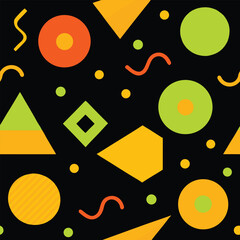 Obraz premium Seamless geometric Memphis pattern on black background. Dark mode abstract texture with neon triangles, circles and lines. Modern retro 90s style vector.