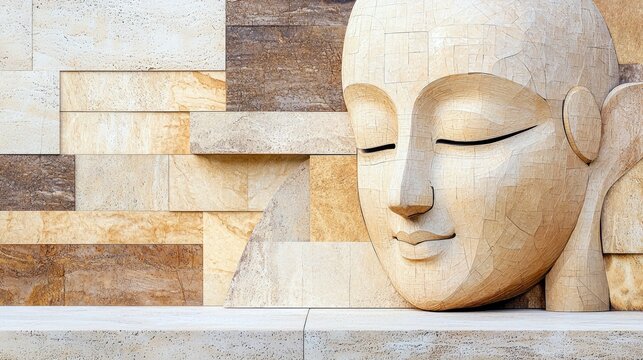 Close-up of a carved Buddha face sculpture with closed eyes, resting on a stone surface against a textured wall. The serene expression and warm lighting evoke a - Powered by Adobe