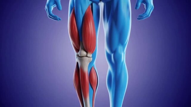 3d rendering of human leg showing hamstring and calf muscle anatomy with knee joint bone structure highlighted against a blue background
