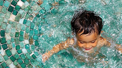 A young child is swimming in a pool, splashing water and smiling. The child is enjoying a sunny day. The pool has a mosaic tile design.