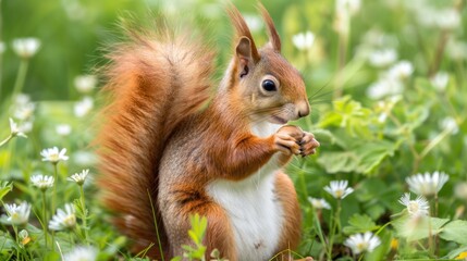 Fototapeta premium Squirrel Sitting on Green Grass with White Flowers in Bright Natural Light