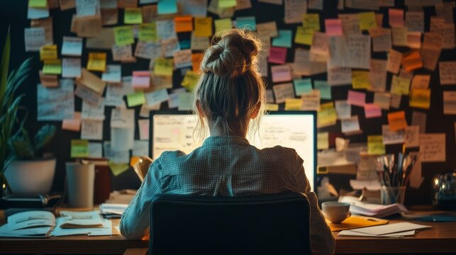 Stressed office worker woman sitting at desk facing wall covered with sticky notes, illuminated by screen light, symbolizing mental fatigue, stress, burnout, corporate overload, paperwork, deadlines