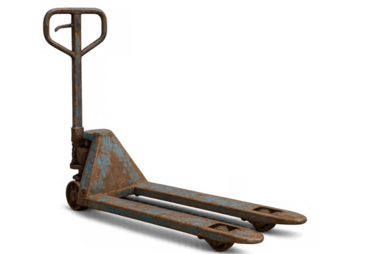 Old rusty blue pallet jack with hydraulic hand pump for moving industrial cargo and warehouse pallets