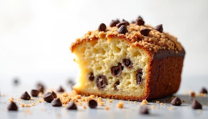 Closeup of crumb cake with chocolate chips and streusel topping. Sweet baked treat with morsels scattered on grey surface. Delicious dessert ready for eating.