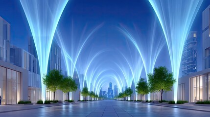A futuristic cityscape at night, with illuminated light beams arching over a street lined with trees and buildings.