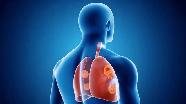 3d rendering of human torso showing lungs with cancerous tumor growth in profile view against a blue background, medical concept