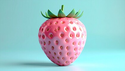 A single pink strawberry with a green stem sits centered on a light blue background.