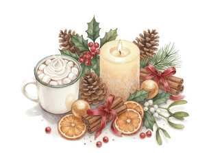 Watercolor Christmas still life with cup of hot cocoa, burning candle, pinecones, dried oranges, holly leaves, berries, cinnamon sticks and festive greenery. Cozy winter holiday illustration.