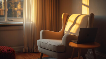 Sunlit armchair with laptop on side table near window and ottoman in cozy living room setting indoors