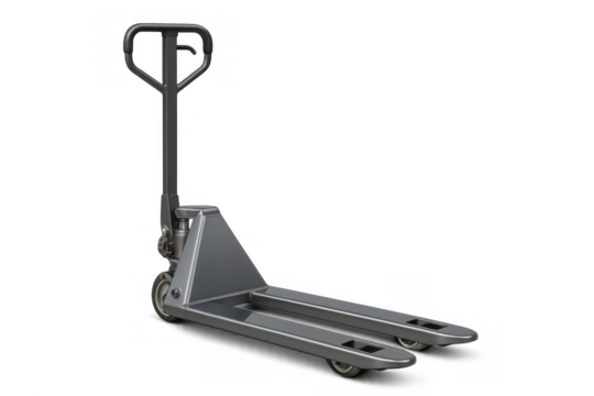 Manual pallet jack displaying material handling, lifting, and transport capabilities on a transparent background