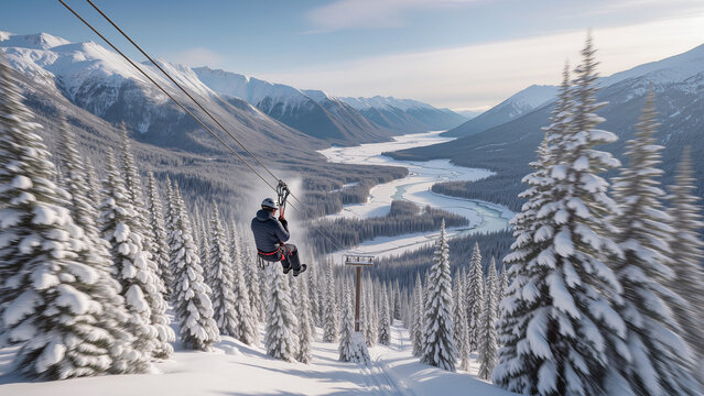 Man ziplining over a snow-covered mountain valley with a winding river and dense pine forest, capturing the essence of adventure and winter sports. Image made using Generative AI.