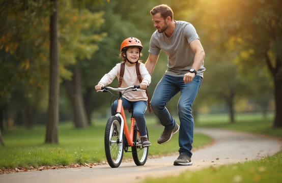 Father helps daughter learn to ride bicycle on park path. Child wears helmet, enjoys sunny autumn day outdoors. Parent supports kid learning balance and new skill. - Powered by Adobe