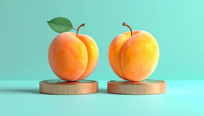 Two Ripe Apricots on Pedestals Against a Teal Background.