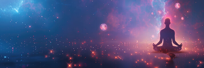 Meditative silhouette under a dual-colored cosmic sky of blue and pink, blending tranquility with vibrant energy