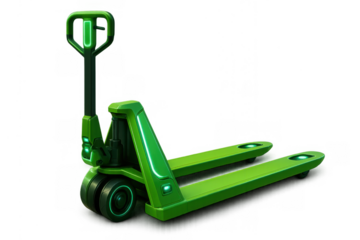 Green futuristic electric pallet jack manipulating warehouse logistics and supply chain technology