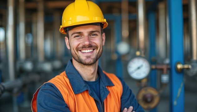 Smiling male plumber in yellow hard hat and orange vest stands arms crossed. Industrial background with pipes and gauges. Pro worker ready for gas water heating fix.