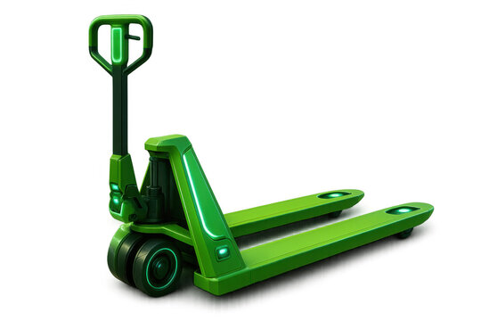 Green futuristic electric pallet jack manipulating warehouse logistics and supply chain technology