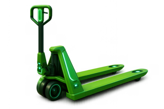 Green futuristic electric pallet jack manipulating warehouse logistics and supply chain technology