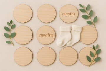 Wooden monthly milestone discs, baby socks, and eucalyptus leaves symbolizing newborn growth and capturing cherished memories