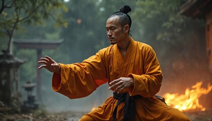 Buddhist monk practices martial arts in traditional orange robe. Man performs kung fu stance near fire. Asian warrior trains balance and power near temple structure.