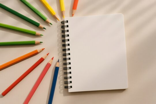 Blank spiral notebook with colorful pencils forming a circle, ready for art, education, or capturing new ideas