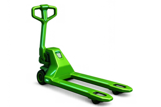 Green pallet jack lifting equipment for warehouse operations and cargo logistics isolated on transparent background