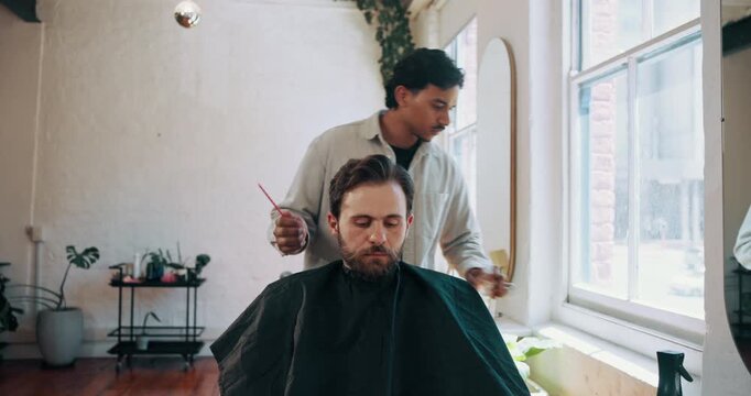 Man, barber and service in hair salon with grooming for haircut, client and startup. Hairstylist, tools and customer appointment in barbershop for clean trim with small business owner or beautician