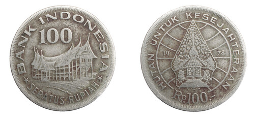 Indonesia one hundred rupiah coin on white isolated background