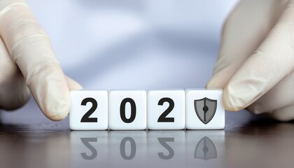 Securing the Future A gloved hand placing dice with 202 and a shield symbol evoking protection and safety for upcoming years offering a sense of security