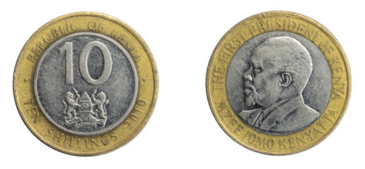 Kenya coin ten shillings on a white isolated background