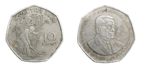Mauritius ten rupees coin on a white isolated background