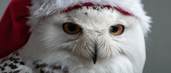 Majestic snowy owl wearing a festive red Santa hat, looking directly at the camera with intense golden eyes Concept of Christmas, winter holidays, and funny animals