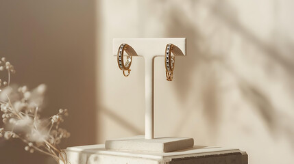 A pair of gold hoop earrings with stones displayed on a white stand with soft lighting and flowers
