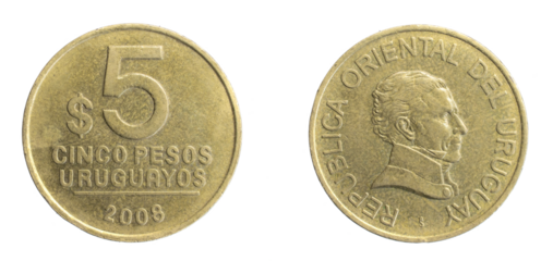 uruguay five pesos coin on white isolated background