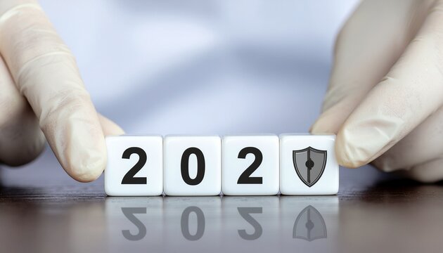 Securing the Future A gloved hand placing dice with 202 and a shield symbol evoking protection and safety for upcoming years offering a sense of security