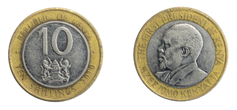Kenya coin ten shillings on a white isolated background