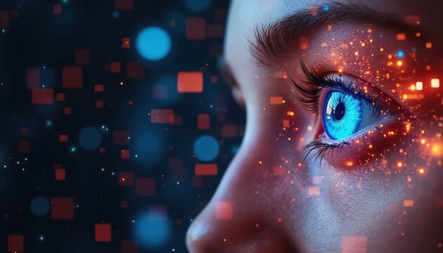 Close-up side view of bright blue human eye with digital pixels, glowing particles swirling around. Iris reflects futuristic interface, advanced tech, data. Concept of human interaction with