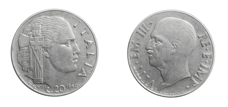 Italy twenty centesimi on a white isolated background