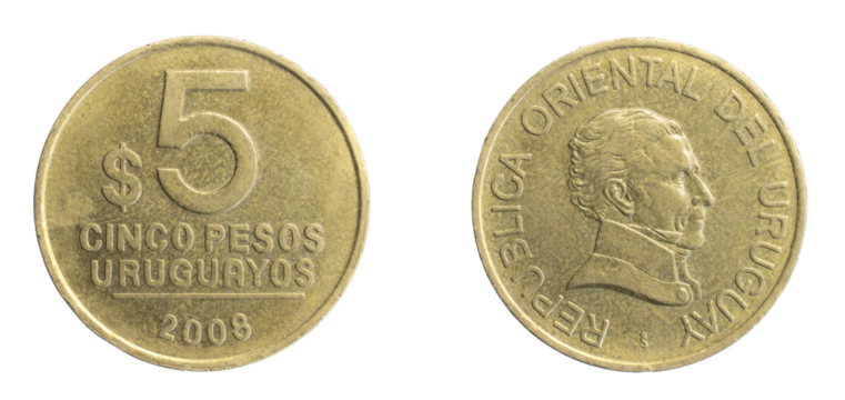 uruguay five pesos coin on white isolated background
