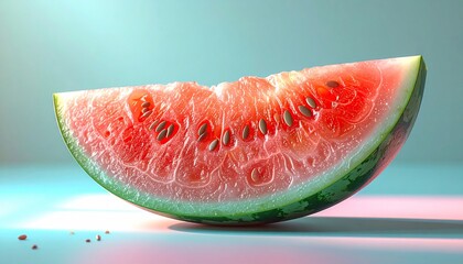 Juicy Slice of Watermelon with Seeds on a Light Blue Background.