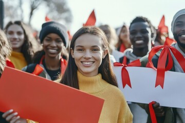 Diverse young volunteers smiling and holding signs, contributing to a street march for social awareness and community support