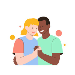 Interracial young LGBTQ couple smiling and embracing together  